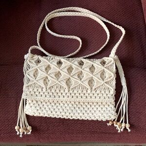 Elegant Cream Macramé Boho Crossbody Shoulder Bag with Beaded Tassels Zip Close